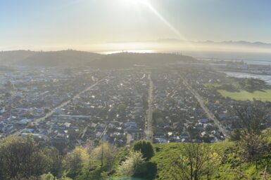 Panoramic of Nelson central with grid streets, two green hills on either side and Tasman bay in the background