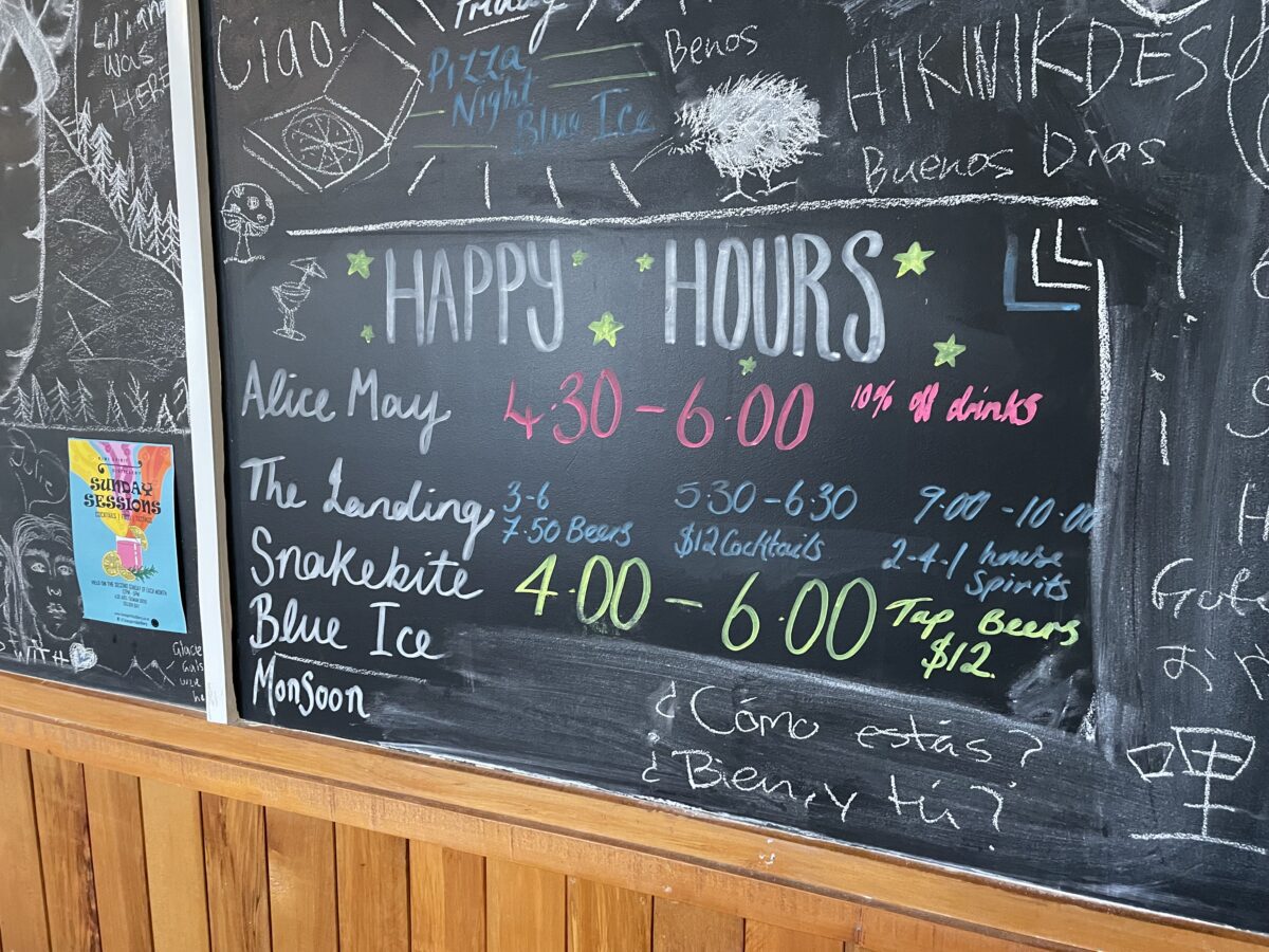 chalkboard listing out local happy hours and recommendations