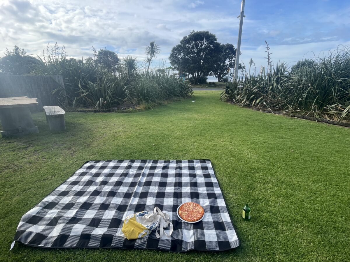 a black and white checkered picnic blanket with a tote bag and plate of pizza on it sits on a grass lawn with the beach in the distance