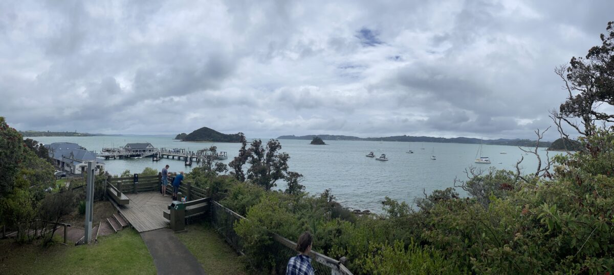 Panoramic view from a view point over the bay of islands with blue water, green islands, and boats harbored near the shore